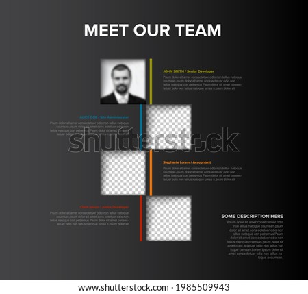 Company team members color mosaic presentation template with team profile photos placeholders and some sample text about each team member - solid dark mosaic version with team photos
