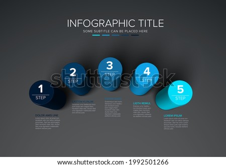 Vector multipurpose Infographic template made from five color cylinder steps chart with numbers descriptions and legend - dark background version with 5 blue steps elements