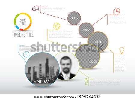 Vector Infographic timeline template made from circle photo placeholders with text content - light version with simple color line. Time line infochart with pictures in circle windows.