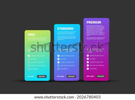 Pricing table dark modern gradient template with three options product subscription types with list of features and price - free, standard and premium version option card Stock foto © 