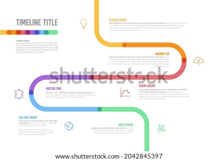 Vector Infographic Company Milestones curved Timeline Template. Light thick marker time line template version with icons. Thick Color Timeline with curves, icons and text content