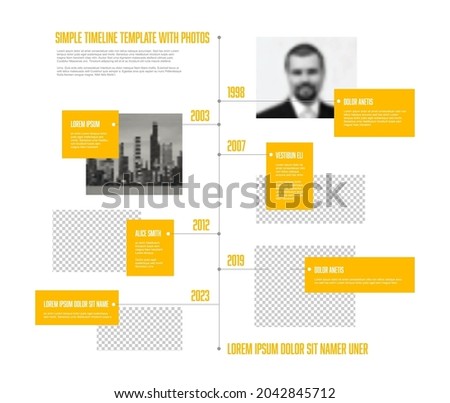 Vector simple infographic vertical time line template with rectangle photo placeholders. Business company timeline overview profile with photos and yellow text blocks. Multipurpose photo timeline info