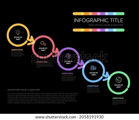 Vector dark process progress template diagram schema with five diagonal steps icons and descriptions. Vivid circles on black background with color border frames and minimalistic arrow