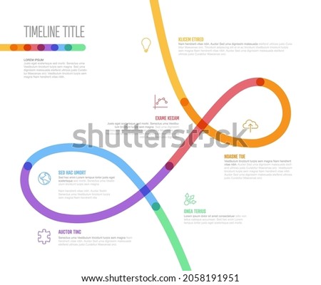 Vector Infographic Company Milestones curved Timeline with twirl Template. Light thick marker twist time line template version with icons. Thick Color kink Timeline with curves, icons and text content
