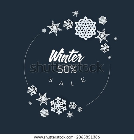 Winter cool minimalist sale circle label made from minimalist paper cut snowflakes with place for your text. Circle winter discount flyer banner social media post status or cover illustration