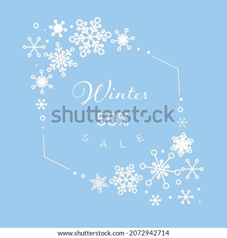 Winter cool minimalist sale circle label made from minimalist snowflakes with place for your text. Hexagon winter discount flyer banner social media post status or cover illustration - light version