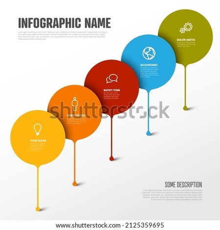 Colorful vector infographic report template with big droplet bubbles pins as steps of the process - light version with five pins