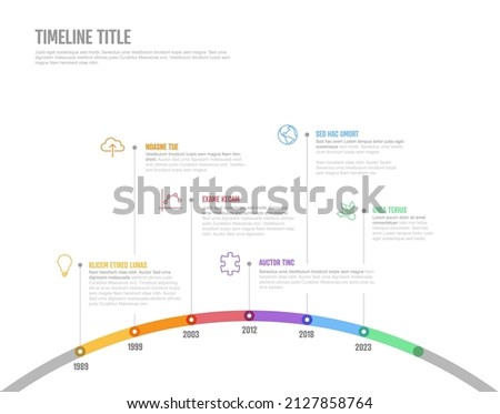 Vector Infographic Company Milestones arc curved Timeline Template. Light thick marker time line template version with icons. Thick Color Timeline with curve, icons and text content