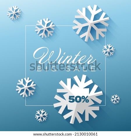 Winter cool minimalist sale circle label made from minimalist paper cut snowflakes with place for your text. Circle winter discount flyer banner social media post status or cover illustration - blue