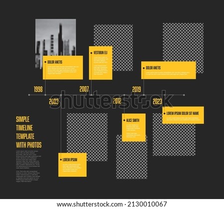 Vector simple dark infographic horizontal time line template with rectangle photo placeholders. Business company timeline overview profile with photos and yellow text blocks. Multipurpose timeline