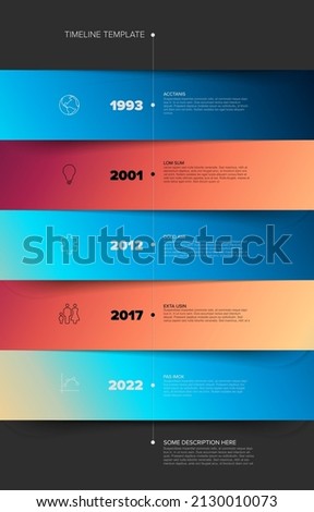 Stripped timeline template with big blue and red gradient color blocks. Vector vertical Infographic Company Milestones Time line Template with blue and red color horizontal stripes