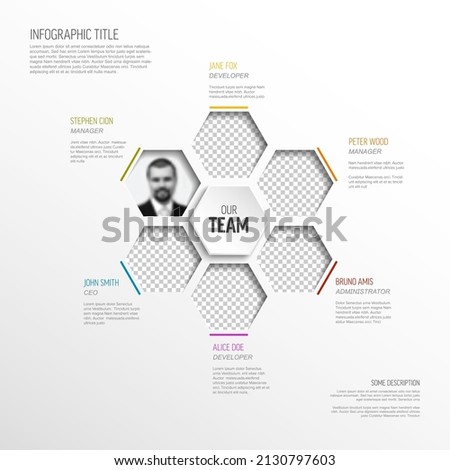 Company team members color hexagon mosaic presentation template with team profile photos placeholders and some sample text about each team member - light version with team photos