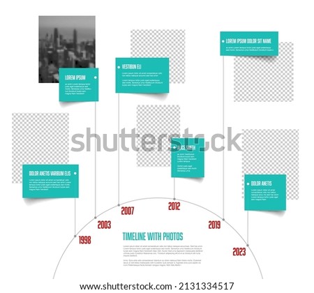 Vector simple infographic circle time line template with rectangle photo placeholders. Business company timeline overview profile with photos and green text blocks. Multipurpose photo timeline 