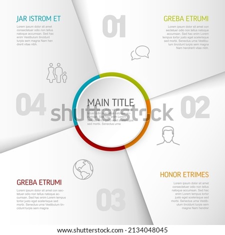 Abstract schema template with four sections steps on white background with big numbers icons and some description. Multipurpose infographic template