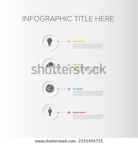 Vector multipurpose Infographic template set with four circle relief  elements options in vertical time line and modern colors on a white background, each infographic with icon