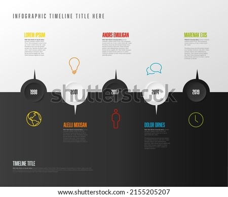 Vector Infographic Company Milestones Timeline Template with circles and dual color background - white and black. Time line template version with icons on split background