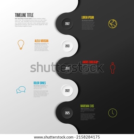 Vector vertical Infographic Company Milestones Timeline Template with circles and dual color background - white and black. Time line template version with icons on split background