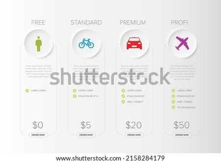Pricing table light template with four options product subscription types with list of features and price - free, standard and premium and professional version option card