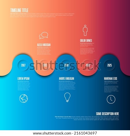 Vector horizontal Infographic Company Milestones Timeline Template with circles and dual color background - red and blue. Time line template version with icons on split background