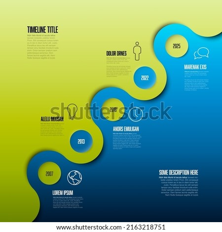 Vector diagonal Infographic Company Milestones Timeline Template with circles and dual color background - green and blue. Time line template version with icons on split background