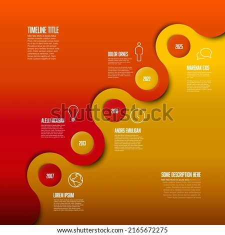 Vector diagonal Infographic Company Milestones Timeline Template with circles and dual color background - red and yellow. Time line template version with icons on split background