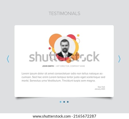 Simple white minimalistic testimonial review card layout template with photo placeholder and sample, message and navifation accordion buttons