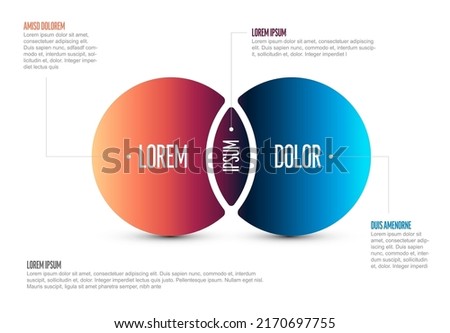 Multipurpose Venn diagram schema template blue and red circle sets with purple intersection, detailed descriptions and sample texts