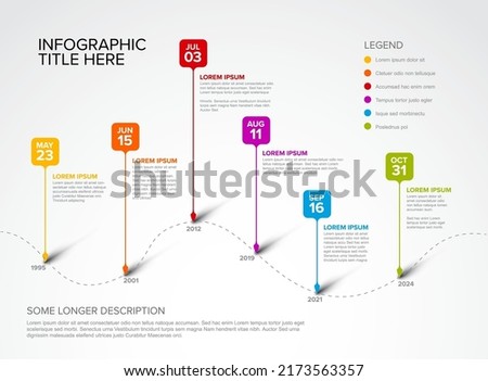 Colorful vector infographic timeline report template with six square droplet bubbles pins on simple curved timeline - light version with six pins