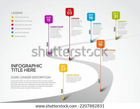 Colorful vector infographic timeline report template with six square droplet bubbles pins on simple curved road timeline - light version with six pins