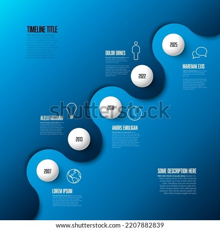 Vector diagonal Infographic Company Milestones Timeline Template with circles and blue gradient color background. Time line template version with icons on split background