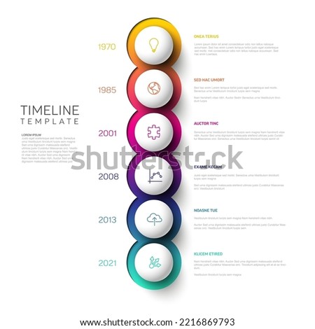 Vector vertical Infographic Company Milestones Timeline Template with big white spheres on color gradient background, text placeholders and icons. Simple timeline infographic with spheres.