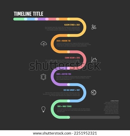 Vector Infographic Company Milestones curved vertical Timeline Template. Dark thick marker time line template version with icons. Thick Color Timeline with curves, icons and text content