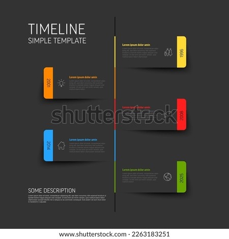 Vector dark simple infographic vertical time line template with rectangle placeholders. Business company timeline overview profile with icons and text blocks. Multipurpose timeline infograph