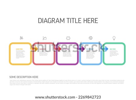 Vector process progress template diagram schema with five steps icons and descriptions. color thick line squares on light background with arrows in right direction