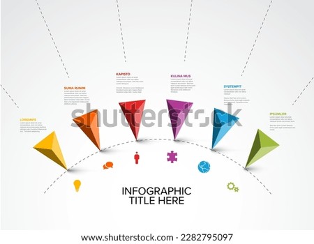Colorful vector infographic timeline report template with six triangle pyramid arrows pointer pins on simple dotted circle  timeline - light version with six pins