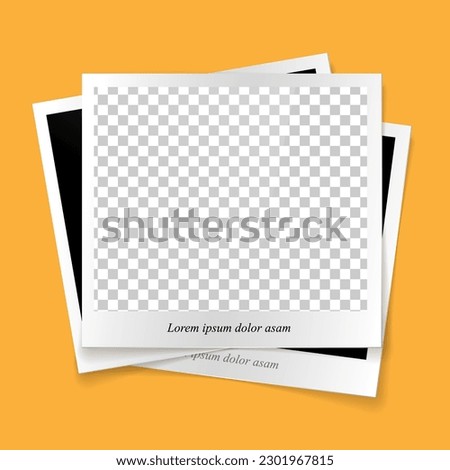 Detailed vector mockup of bunch of photos with white frame and some short title on color background with photo placeholder. Template for social media posts and statuses.