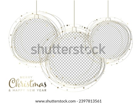 Three circle Christmas decorations photo frame layout template with place for your three family photos. Simple layout template for your christmas card, social media post status, flyer header or banner