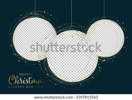 Three circle Christmas decorations photo frame dark layout template with place for your three family photos. Simple layout template for your christmas card social media post status, flyer, header
