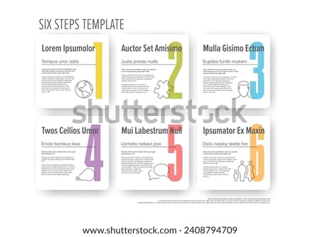Light progress steps template with descriptions icons and big color numbers on squares rounded buttons on white background. Multipurpose progress infochart template 