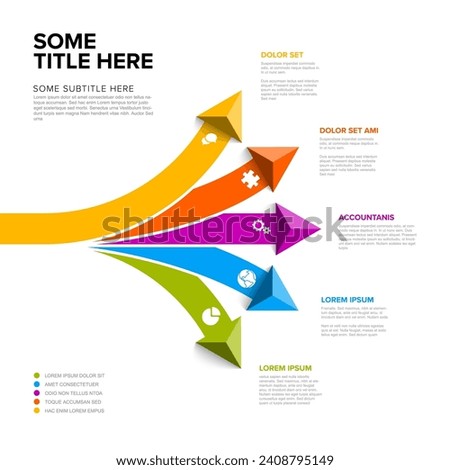 Vector light multipurpose Infographic template with title and five elements options with big color arrows. Multipurpose Infochart with modern colors lines icons and pyramid triangle arrows