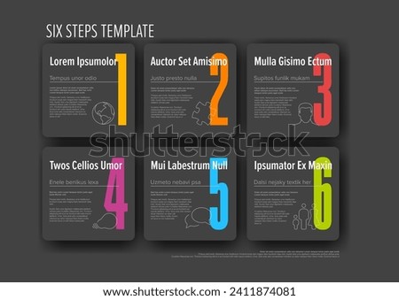 Dark progress steps template with descriptions icons and big color numbers on squares rounded buttons on dark gray background. Multipurpose progress infochart template 