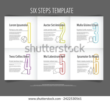 Light progress steps template with descriptions icons and big color numbers on white folded paper background. Multipurpose progress infochart template 