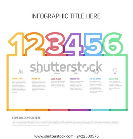 Colorful six step infographic template with a clear title space and placeholder text. The infographic is designed to present sequence information in rainbow colors

