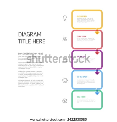 Vector process progress template diagram schema with five steps icons and descriptions. color thick line rectangles on light background with arrows in down direction