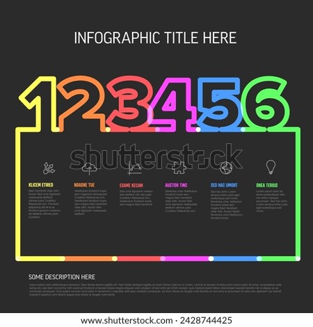 Colorful six step infographic template with a clear title space and placeholder text. The infographic is designed to present sequence information in rainbow colors on dark background

