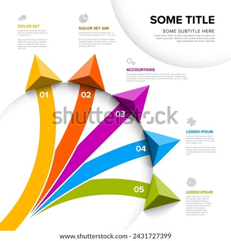 Vector light diagonal Infographic template with title and five elements options with big color arrows. Multipurpose Infochart with modern colors lines icons and arrows pointing on various  directions 