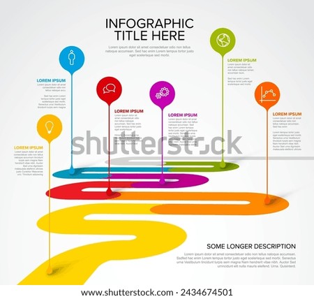 Colorful vector infographic timeline report template with six circle droplet bubbles pins on simple curved road timeline - light version with six pins title and infographic description
