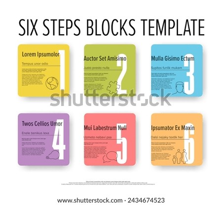 Light progress steps template with descriptions icons and big numbers on rainbow pastel color squares rounded buttons on white background. Multipurpose progress infochart template 