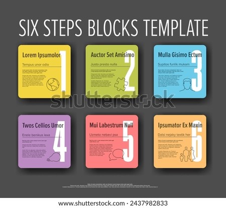 Progress steps template with descriptions icons and big numbers on rainbow pastel color squares rounded buttons on dark background. Multipurpose progress infochart template 
