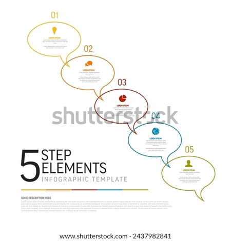 Progress process diagonal schema diagram infographic template made of five round thin line speech bubbles with short title description and icon. 